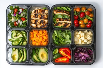 Meal prep containers, healthy food assortment, colorful vegetables,