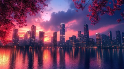Fototapeta premium Serene Cityscape at Sunset: Chicago's Skyline Reflected in Tranquil Waters