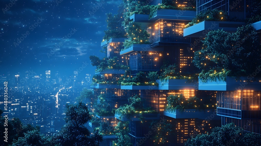 Poster futuristic vertical forest building illuminated at dusk, contrasting with the distant cityscape unde