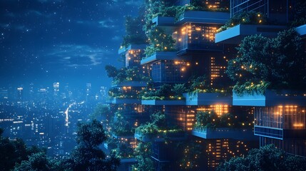 Naklejka premium Futuristic vertical forest building illuminated at dusk, contrasting with the distant cityscape under a star-filled sky. A magical blend of nature and urban design. Abstract wireframe in dark blue