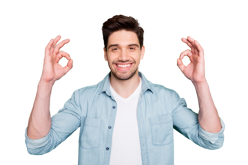 Photo of cheerful attractive handsome bearded man smiling toothily showing you double ok sign isolated over green vivid color background