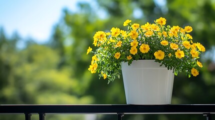 Yellow Calendula Flowers in White Pot on Black Railing with Blurred Green Trees
