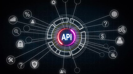 Glowing API - Application Programming Interface. Software development tool. Business, modern technology, internet and networking concept grid and map background.