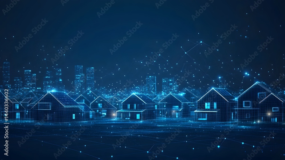 Fototapete futuristic residential area seamlessly integrates with a digital city. blue wireframe houses connect