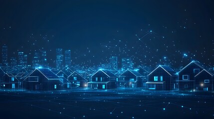 Futuristic residential area seamlessly integrates with a digital city. Blue wireframe houses connect via data networks, blurring physical and virtual realms. Abstract wireframe in dark blue