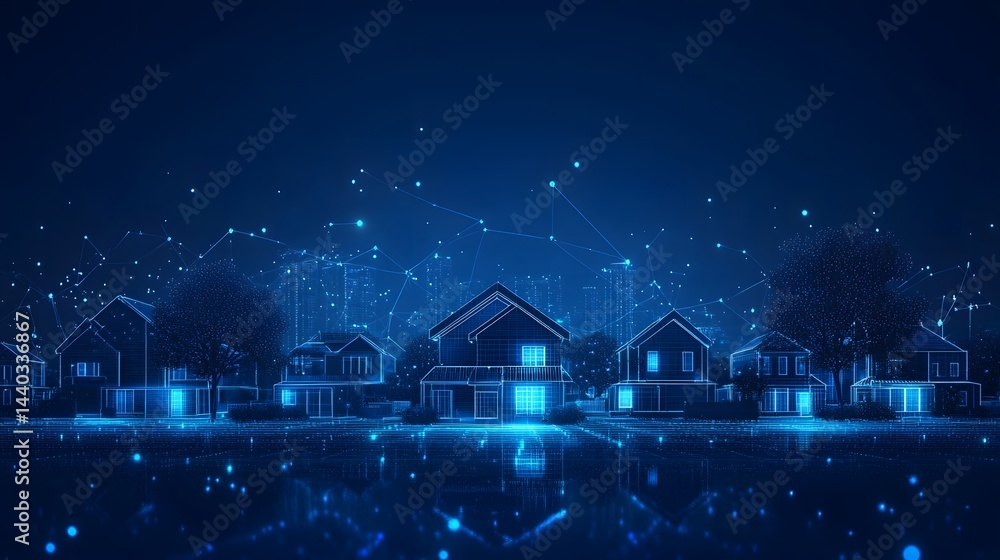 Poster futuristic streetscape with glowing blue wireframe houses and a connected data network above a dark 