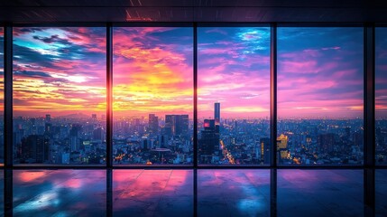 Panoramic city sunset view from high-rise window