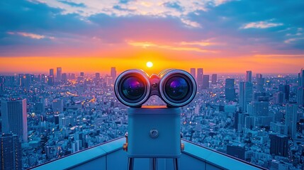 Panoramic city view at sunset through binoculars