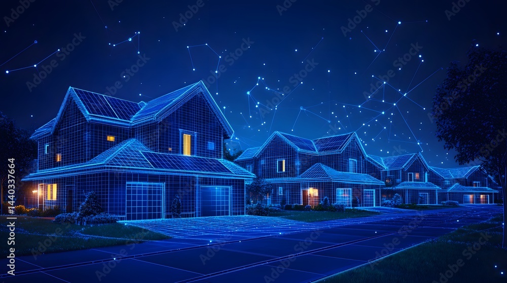Poster Suburban homes glow with light in this conceptual wireframe image. Constellations connect, symbolizing interconnectedness. Houses stand neatly in formation. Abstract wireframe in dark blue