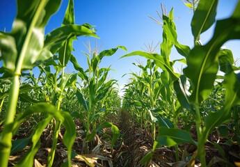 Lush green cornfield under bright blue sky showcasing vibrant growth and sunny weather in agricultural landscape, perfect for seasonal farming themes