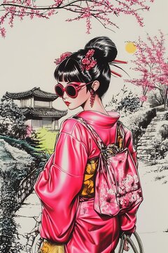 japnese samurai  with a sword illustration