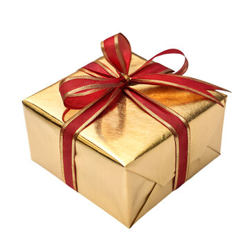 Elegant Gold Gift Box with Red Ribbon: Free Stock Photo isolated on transparent background