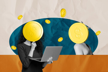 Full trendy 3d poster collage of anonym businessman businesswoman instead head coin dollar income...