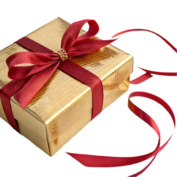 Gold Gift Box with Red Ribbon isolated on transparent background