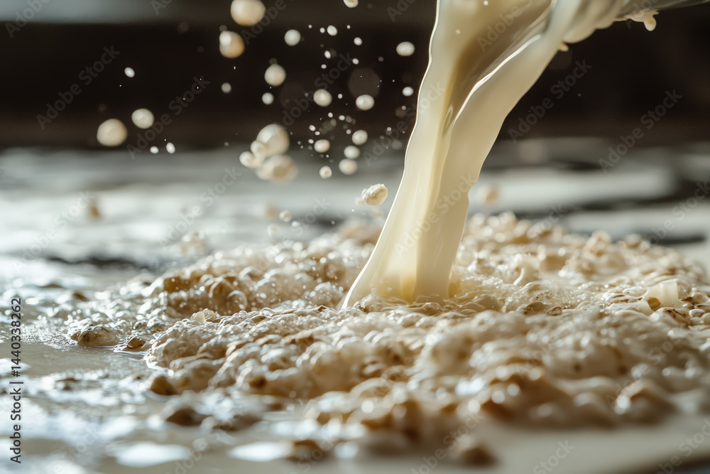 Poster pouring oat milk splash macro shot. creamy oat milk is poured, creating a frothy splash in this macr