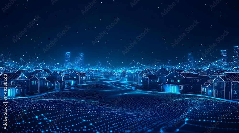 Aufkleber futuristic night scene showcases blue outlined houses and skyscrapers on rolling hills, connected by