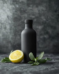 Charcoal wellness shot in matte black glass bottle with fresh lemon half and green mint leaves on textured surface, evoking healthy and refreshing vibe