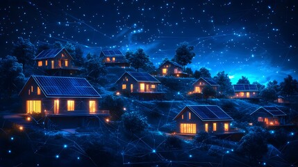 Night scene with illuminated houses on hills,solar panels, constellations connect in the blue sky. Serene harmony. Technology, nature, community blend. Abstract wireframe in dark blue