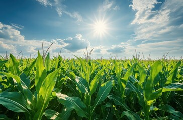 Lush Green Cornfield Under Bright Blue Sky with Sunlight and Fluffy Clouds in the Background Creating a Picturesque Summer Atmosphere