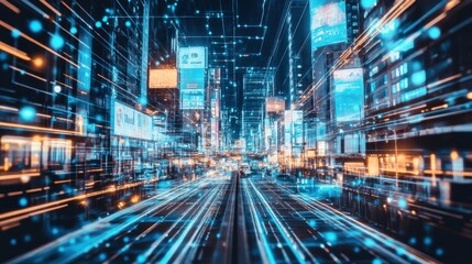 Dynamic city street at night illuminated by vibrant digital lights and advertisements showcasing modern urban life