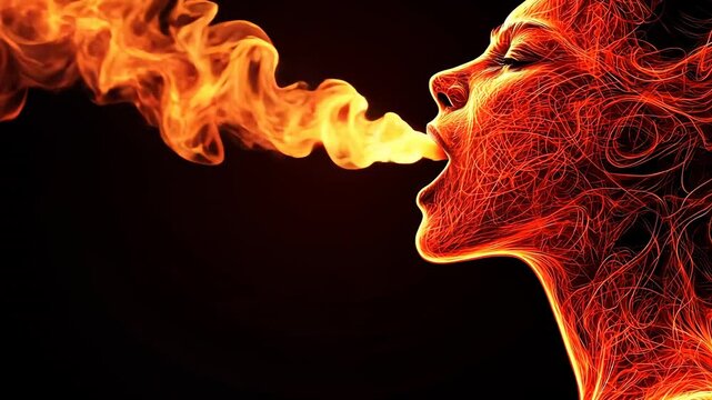 Woman with fiery breath expressing passion and energy in artwork