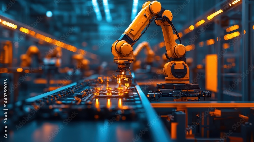 Aufkleber advanced robotic arm assembling electronic components in a high-tech factory during the daytime