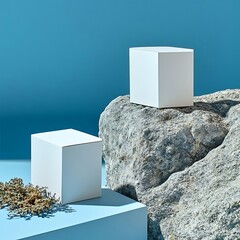 White boxes on rocks with blue background. (2)