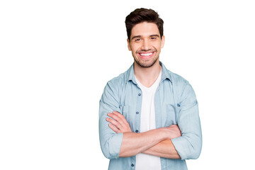 Photo of amazing business guy in excited mood with crossed hands looking forward to start working...