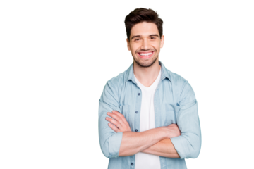 Photo of amazing business guy in excited mood with crossed hands looking forward to start working day wear casual denim shirt isolated over green color background