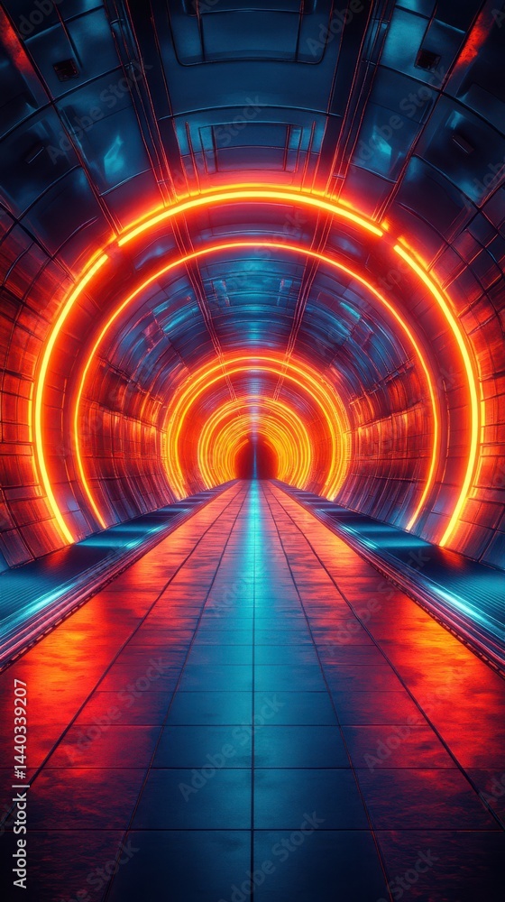 Poster bright neon tunnel with circular patterns and glowing lights creates a futuristic atmosphere in an u