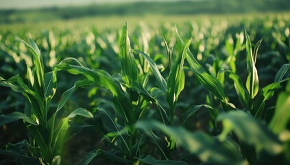 Fototapeta premium Lush Green Cornfield under Sunlight with Soft Focus on Leaves and Stalks in Agricultural Landscape Showing Growth and Abundance in Rural Setting