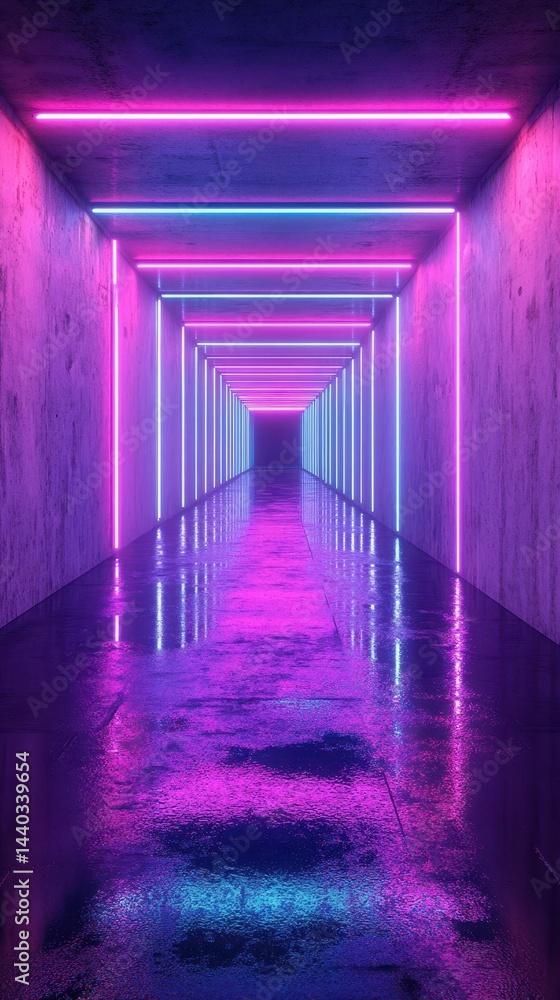 Poster vibrant neon tunnel with reflections creating an immersive atmosphere in an urban setting at night