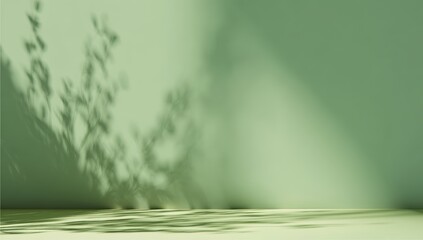Soft green wall with the shadow of a leafy plant cast in natural light, creating a calm and minimalist atmosphere.