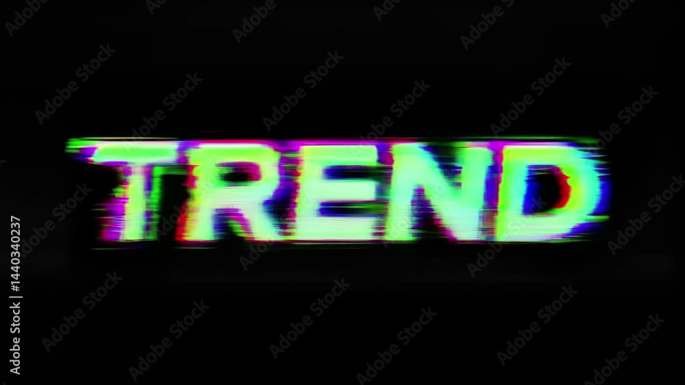 Poster dynamic visual representation of the word 'trend' with colorful distortion effects in a dark backdro