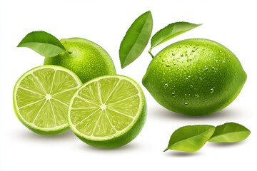 A still life of fresh green limes with leaves and water droplets on a white background surface area