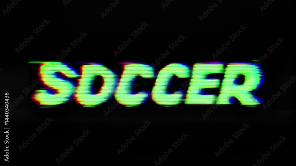 Poster glitch effect text animation displaying the word 'soccer' with vibrant colors against a dark backgro