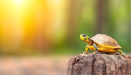 A small, yellow-and-black turtle perches on a weathered log, bathed in warm, golden sunlight against a blurred green background