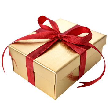 Gold Gift Box with Red Ribbon: Free Stock Photo isolated on transparent background