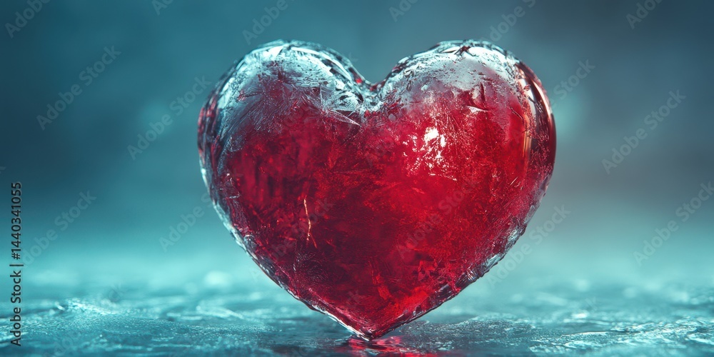 Aufkleber shimmering red heart made of ice resting on a reflective surface with a cool background