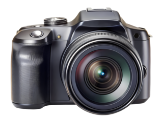 Close up of a sleek digital camera with an expansive lens
