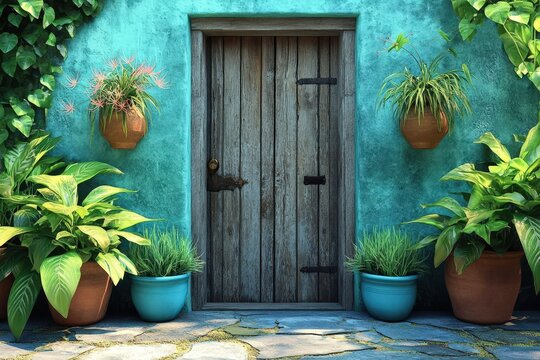 Rustic teal exterior door framed by lush greenery.