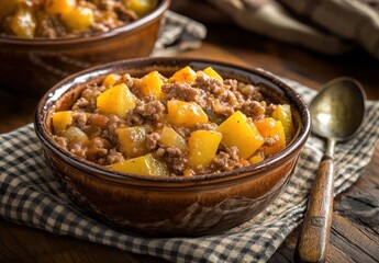 Fototapeta premium Savory Homemade Butternut Squash and Ground Beef Casserole Served in Rustic Bowls on a Checkered Cloth Background