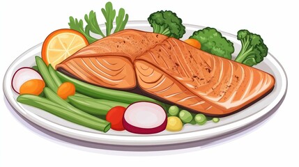 Illustration of a plate of salmon with broccoli, beans, and other vegetables