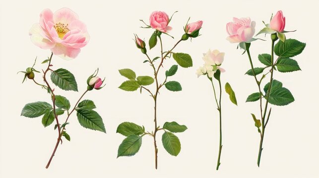 A delicate collection of pastel pink roses with buds and leaves.