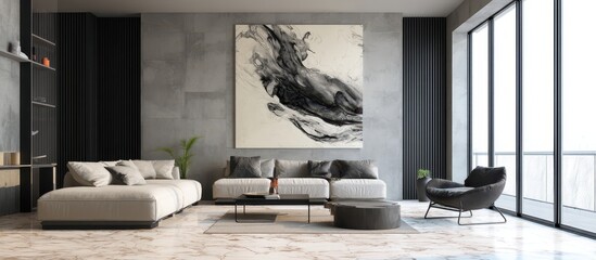 Modern Living Room with Concrete Wall and Abstract Art