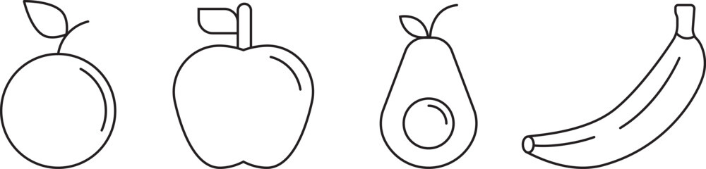 Fruits line icon set for logo, marketing, digital work. orange, apple, avocado, banana vector.
