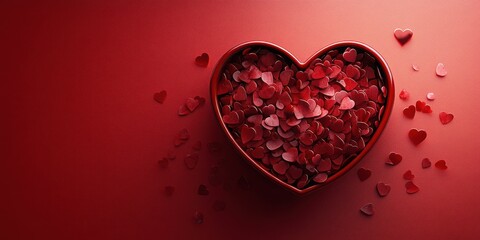 Heart-shaped box filled with red confetti hearts on a vibrant red background perfect for celebrations and romantic occasions
