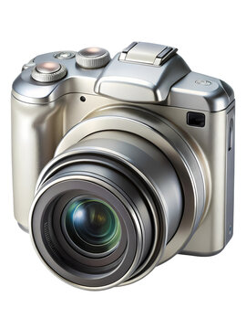 Elegant silver digital camera with prominent lens and detailed buttons up close