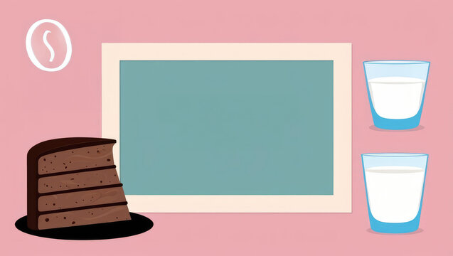 Charming illustration featuring a slice of chocolate cake, glasses of milk, and a framed background perfect for adding your own text or message.