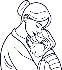 Minimal Vector Line Drawing of Mother Hugging Son, Suitable for elegant wall art or minimalist prints.